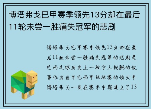 博塔弗戈巴甲赛季领先13分却在最后11轮未尝一胜痛失冠军的悲剧 博塔弗戈巴甲赛季领先13分却在最后11轮未尝一胜痛失冠军的悲剧