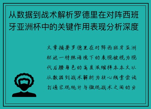 从数据到战术解析罗德里在对阵西班牙亚洲杯中的关键作用表现分析深度